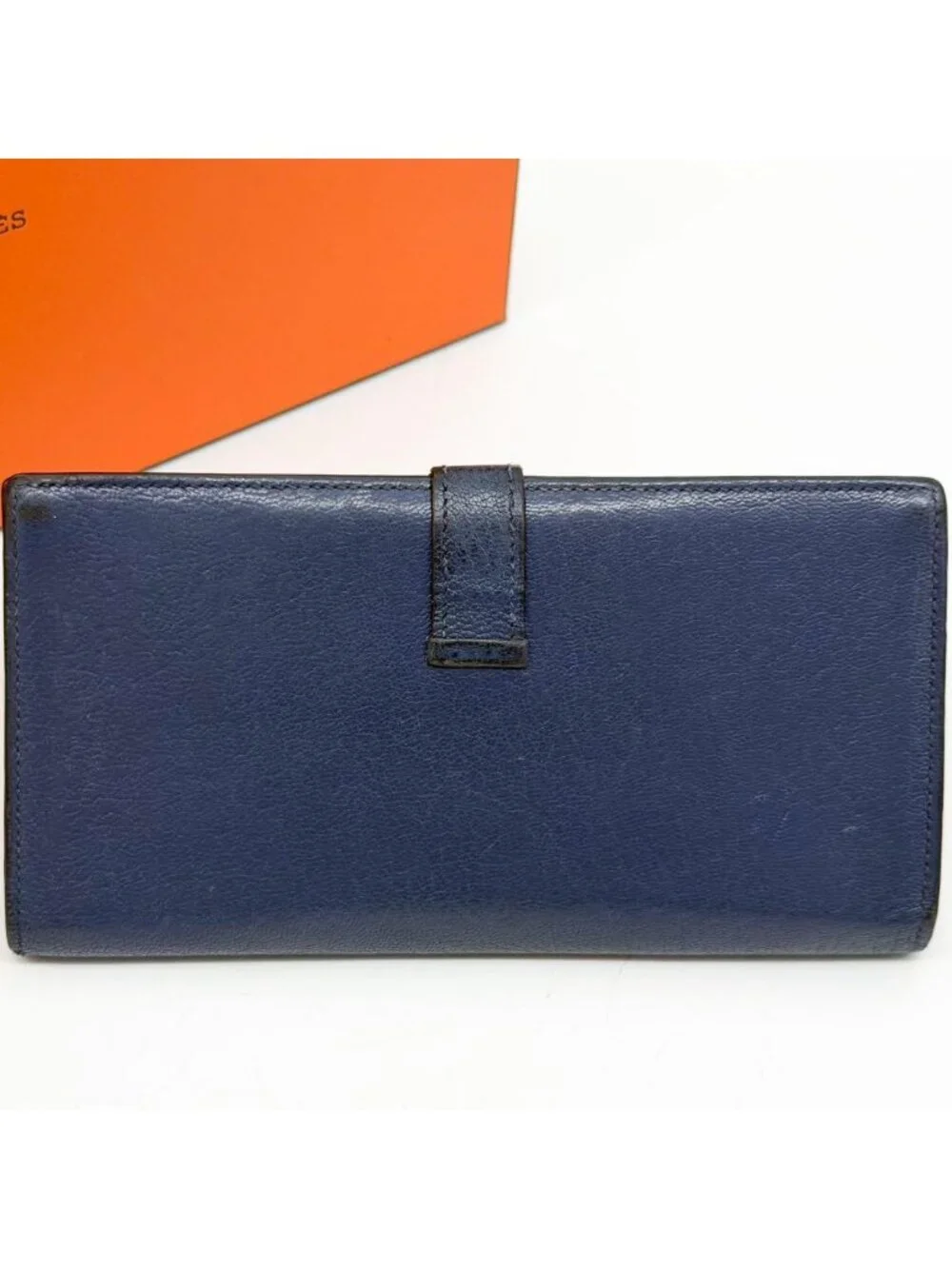 Hermes Bearn Soufflet Chevre Navy Wallet Silver Bifold